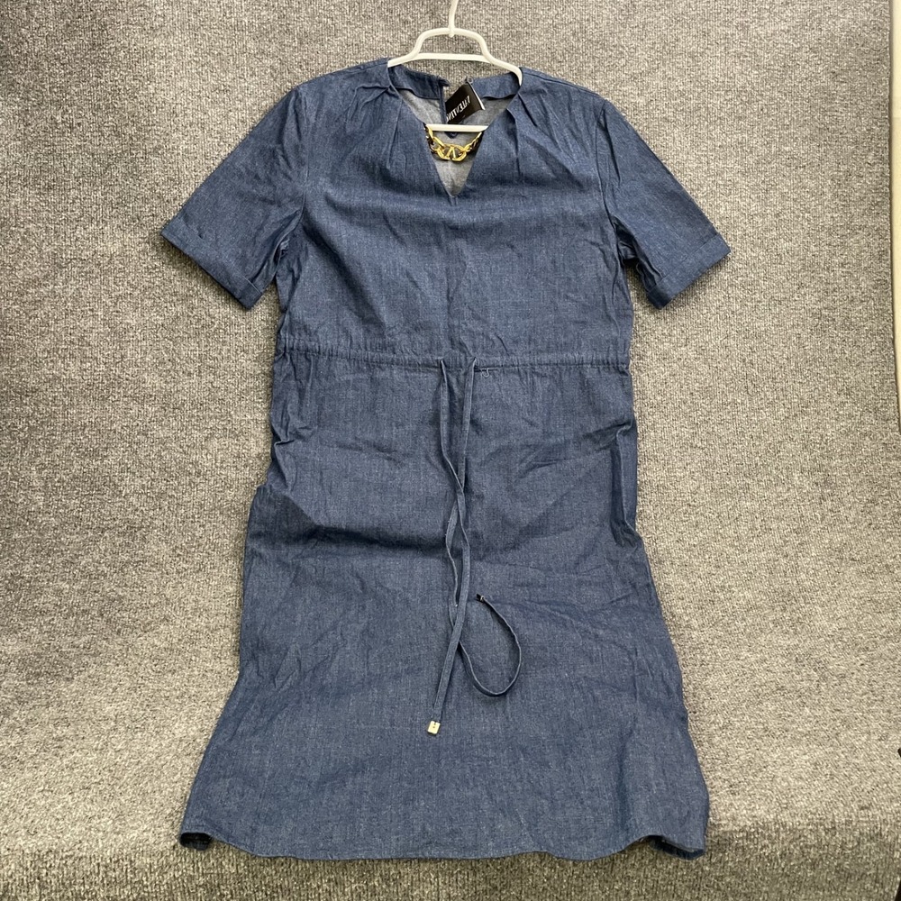 Valentino Chambray Denim Dress Womens Sz XL V Neck Gold Details